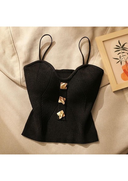 Altın Düğme Detaylı Şık Fitilli Askılı Kadın Crop Bluz W1009