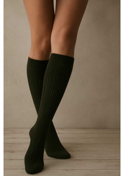 Kadın Örgü Desenli Kışlık 200 Den Knıt Haki Dizaltı Çorap modelleri