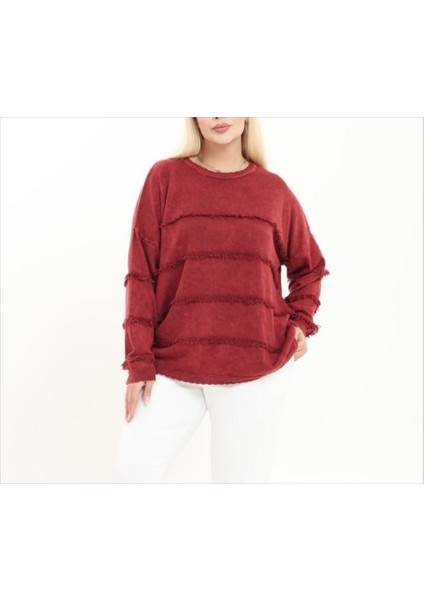 Kadın Büyük Beden Bisiklet Yaka Püskül Detay %100 Pamuk Triko Kazak