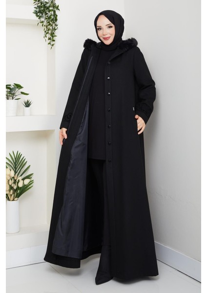 Büyük Beden Siyah Kışlık Kaşe Kadın Pardesü Kapşonlu Akesim 58028 fiyatları