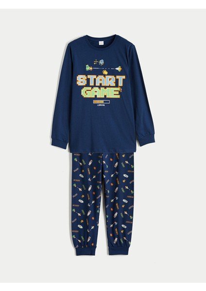 Yeni Sezon Bisiklet Yaka Baskılı Erkek Çocuk Pijama Takımı