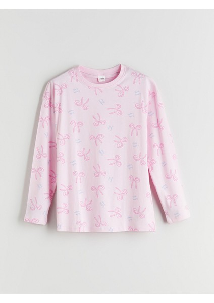 Yeni Sezon Bisiklet Yaka Fiyonk Desenli Kız Çocuk Pijama Üst