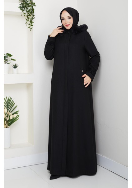 Büyük Beden Siyah Kışlık Kaşe Kadın Pardesü Kapşonlu Akesim 58028