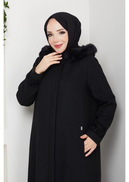 Büyük Beden Siyah Kışlık Kaşe Kadın Pardesü Kapşonlu Akesim 58028 fırsatları