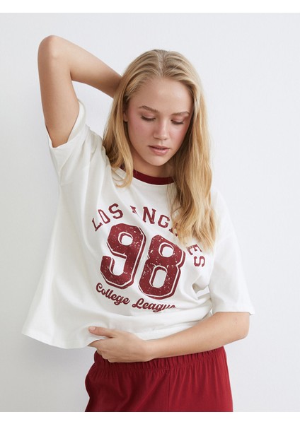 Yeni Sezon Bisiklet Yaka Baskılı Kadın Pijama Takımı