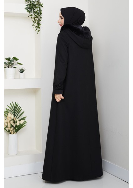 Büyük Beden Siyah Kışlık Kaşe Kadın Pardesü Kapşonlu Akesim 58028 indirimleri