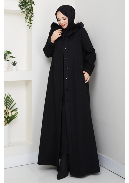 Büyük Beden Siyah Kışlık Kaşe Kadın Pardesü Kapşonlu Akesim 58028