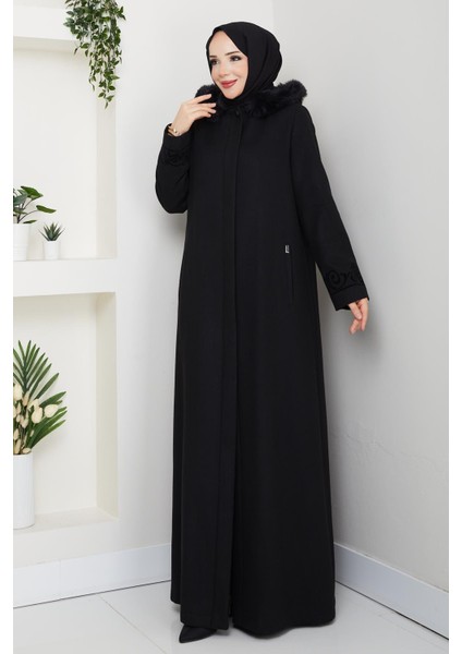 Büyük Beden Siyah Kışlık Kaşe Kadın Pardesü Kapşonlu Akesim 58028