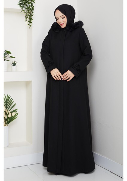 Büyük Beden Siyah Kışlık Kaşe Kadın Pardesü Kapşonlu Akesim 58028