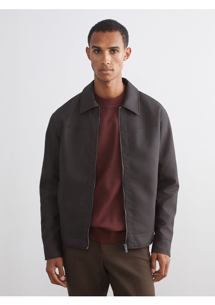 Yeni Sezon Standart Kalıp Gömlek Yaka Erkek Deri Görünümlü Ceket