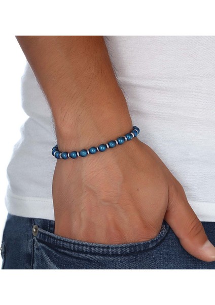 Erkek Mavi Küre Hematit Doğal Taşlı Çelik Zincir Bileklik