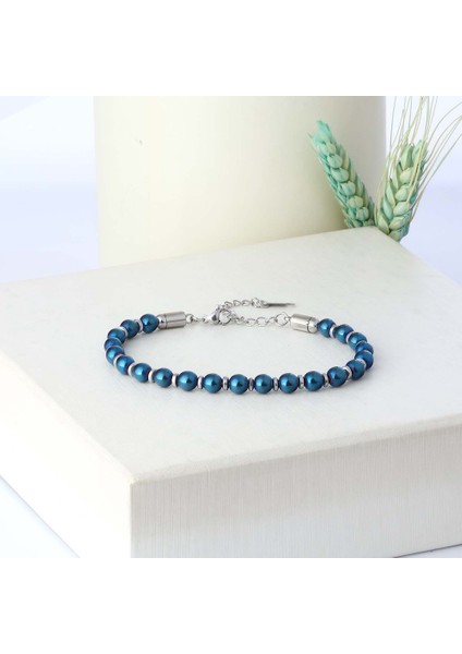 Erkek Mavi Küre Hematit Doğal Taşlı Çelik Zincir Bileklik modelleri
