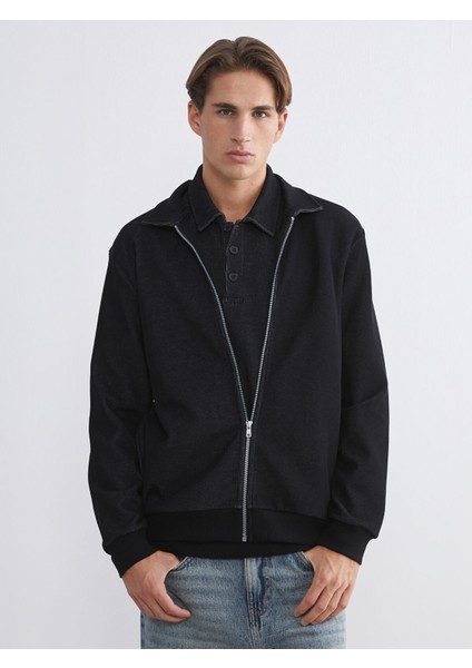 Yeni Sezon Standart Kalıp Polo Yaka Erkek Fermuarlı Sweatshirt