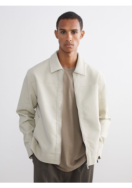 Yeni Sezon Standart Kalıp Gömlek Yaka Erkek Deri Görünümlü Ceket