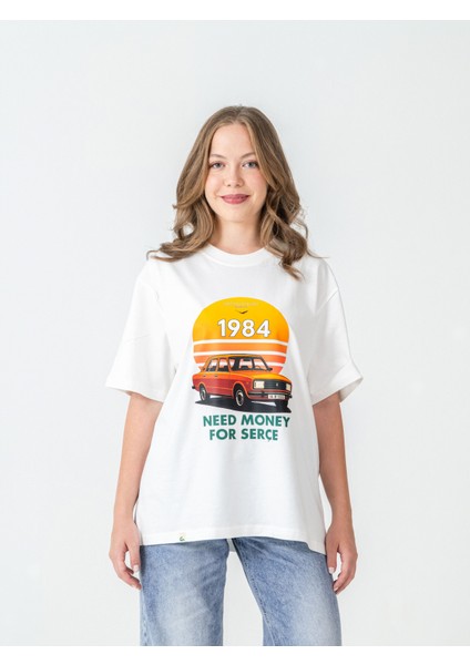 Unisex Erkek/kadın Oversize Bisiklet Yaka %100 Pamuk Serçe Baskılı T-Shirt