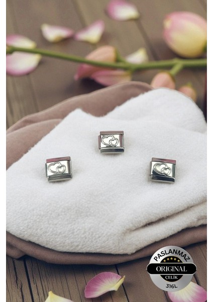 Italyan Charm Çelik Bileklik Charm Seti Kabartmalı Kalp Model 3 Adet