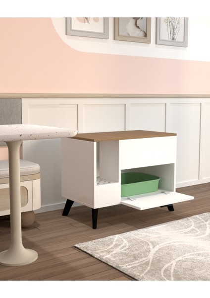 Beyaz Kedi Tuvalet Dolabı | Gizli Girişli %100 Mdf
