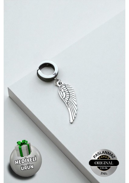 Sıkıştırmalı Mıknatıslı Kanat Model Sallantılı Erkek 316L Çelik Küpe 1 Adet