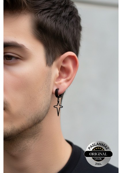 Sıkıştırmalı Mıknatıslı Kutup Yıldızı Model Sallantılı Erkek 316L Çelik Küpe 1 Adet modelleri