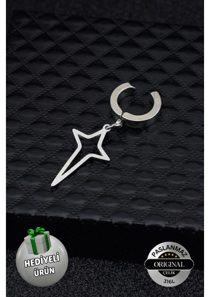 Sıkıştırmalı Mıknatıslı Yıldız Model Sallantılı Erkek 316L Çelik Küpe 1 Adet