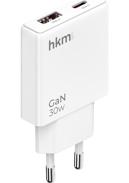 Hkm Tech Extra Slım Gan 30W Usb-A ve Type-C Çift Portlu Hızlı Şarj Aleti, Ultra Ince Güç Adaptörü, Beyaz
