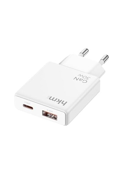 Hkm Tech Extra Slım Gan 30W Usb-A ve Type-C Çift Portlu Hızlı Şarj Aleti, Ultra Ince Güç Adaptörü, Beyaz modelleri
