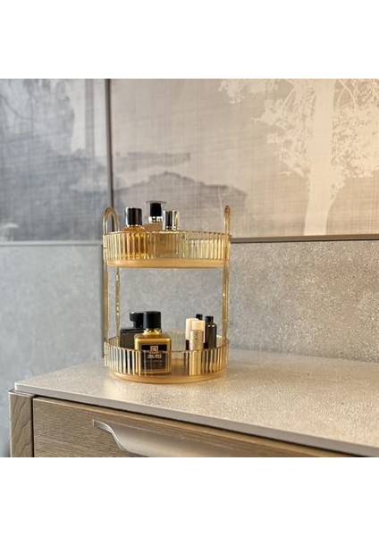 2 Katlı Makyaj Organizeri Kozmetik Aksesuar Düzenleyici Kozmetik Vitrini Yuvarlak (Amber Sarı)