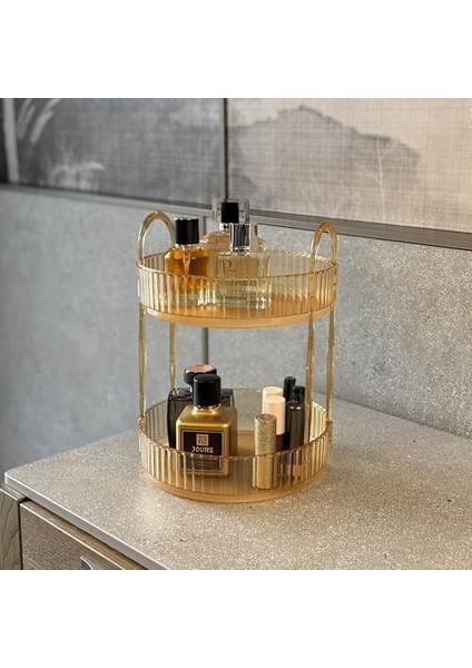 2 Katlı Makyaj Organizeri Kozmetik Aksesuar Düzenleyici Kozmetik Vitrini Yuvarlak (Amber Sarı) fiyatları