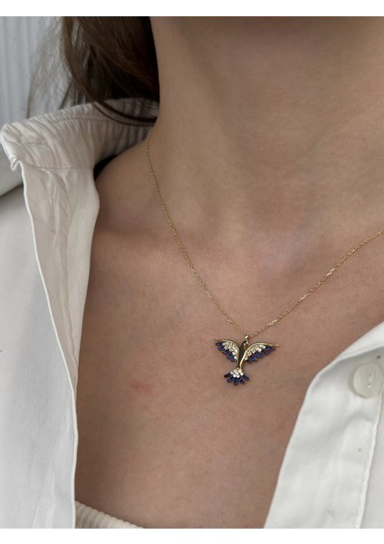 14 Ayar Altın Mavi Taşlı Anka Kuşu Kolye 874