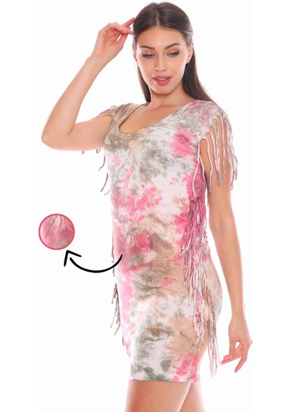 Pembe Yağlı Boya Desenli Sırt Dekolteli Tunik