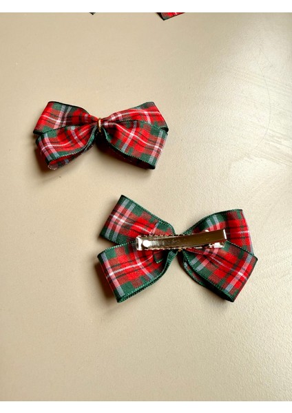 2 Adet Ekoseli Kurdeleli Saç Tokası-Yılbaşı Tokası-Yeniyıl Saç Aksesuarı modelleri