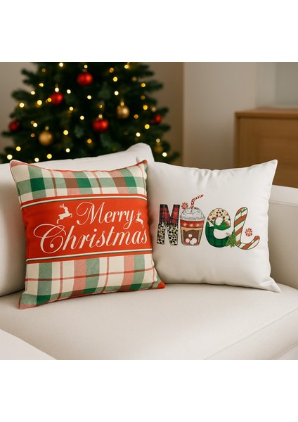Çift Tarafı Baskılı Candy Christmas Desenli 2'li Set Kadife Kırlent Kılıfı Yılbaşı - Noel