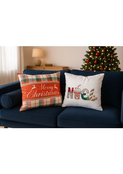 Çift Tarafı Baskılı Candy Christmas Desenli 2'li Set Kadife Kırlent Kılıfı Yılbaşı - Noel modelleri