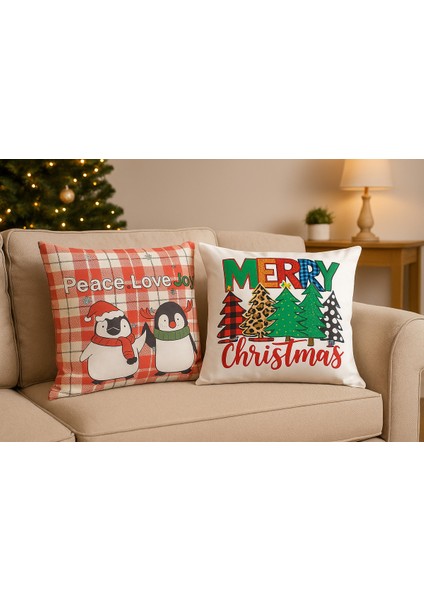 Yılbaşı Temalı 2li Kadife Kırlent Kılıfı 43X43 cm Nakış Görünümlü Set Dijital Baskılı