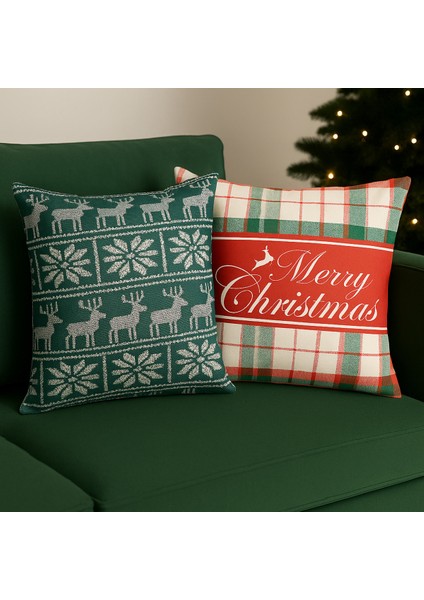 Çift Tarafı Baskılı Candy Christmas Desenli 2'li Set Kadife Kırlent Kılıfı Yılbaşı - Noel