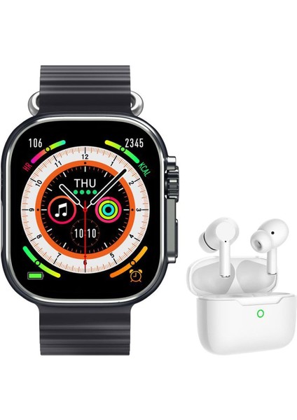 Kablosuz Kulaklık Hediyeli, Arama Konuşma Özellikli Siyah Silikon Kayışlı Yeni Nesil Akıllı Saat