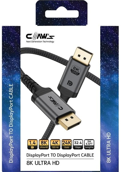 8k UHD Displayport V1.4 32.4 Gbps / 24K /alüminyum Gövdeli 8k 60Hz-4K 120Hz-2K 240HZ-FHD 240Hz Destekli G-Sync & Freesync 2 Metre Premium Displayport Kablo (C-Dpp-B1)