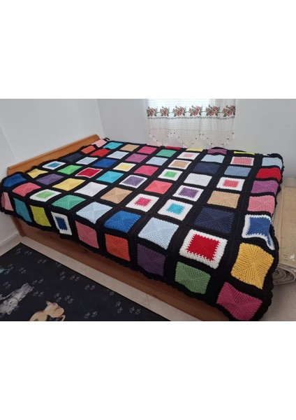 El Emeği Renk Mozaiği Battaniye-El Örgüsü Çift Kişilik Battaniye-Vintage Kare Desenli El Örgüsü Battaniye 190*250