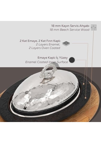 Döküm Oval Döner, Kebap Tabağı Kayın Servis Ahşabı ve Bakır Dövme Formlu Kapak Ölçü 28X20CM. fiyatları