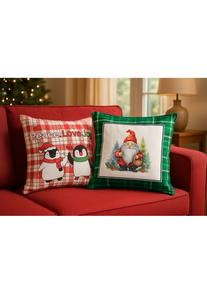 Yılbaşı Temalı 2'i Kadife Kırlent Kılıfı 43X43 cm Nakış Görünümlü Set Dijital Baskılı