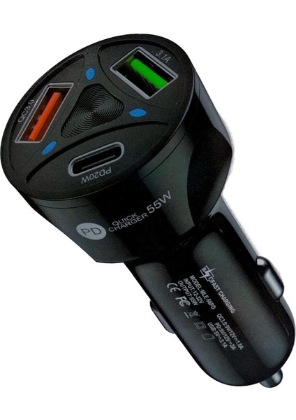 BN72 55W Araç Içi Çakmaklık Hızlı Şarj Aleti Pd Charger 2 USB 1 Type-C Çıkış