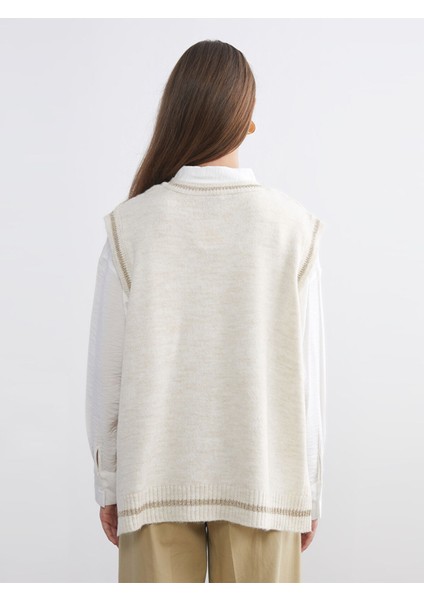 Yeni Sezon V Yaka Kendinden Desenli Kadın Triko Süveter fırsatları