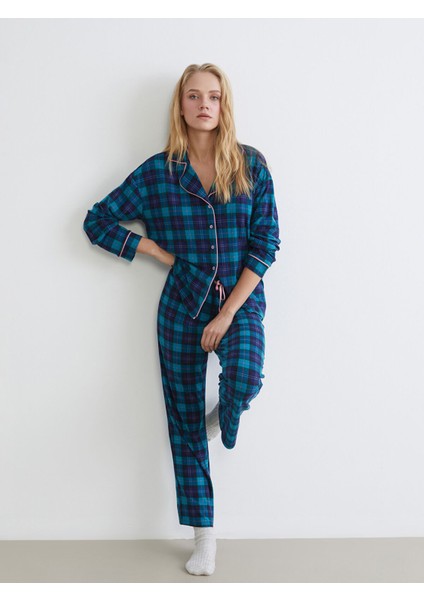 Yeni Sezon Gömlek Yaka Ekose Kadın Pijama Takımı
