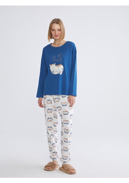 Yeni Sezon Bisiklet Yaka Kedi Baskılı Kadın Pijama Takımı