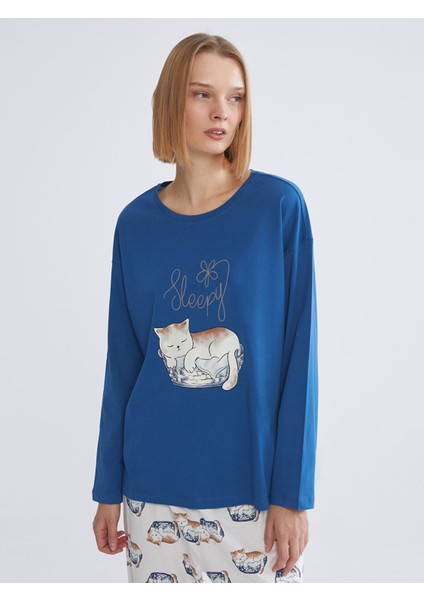 Yeni Sezon Bisiklet Yaka Kedi Baskılı Kadın Pijama Takımı fiyatları