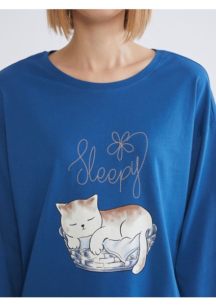 Yeni Sezon Bisiklet Yaka Kedi Baskılı Kadın Pijama Takımı modelleri