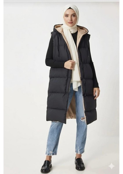 Kadın Çift Taraflı Kapüşonlu Cepli Siyah-Krem Yelek