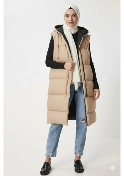 Kadın Çift Taraflı Kapüşonlu Cepli Siyah-Krem Yelek fiyatları