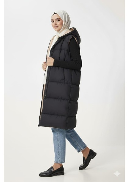 Kadın Çift Taraflı Kapüşonlu Cepli Siyah-Krem Yelek modelleri