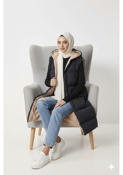 Kadın Çift Taraflı Kapüşonlu Cepli Siyah-Krem Yelek fırsatları